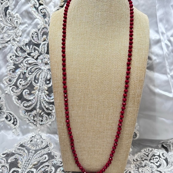 Women’s Necklace Glass Beads Red Faceted Hand Knotted Over The Head 4145 Y - Picture 2 of 9